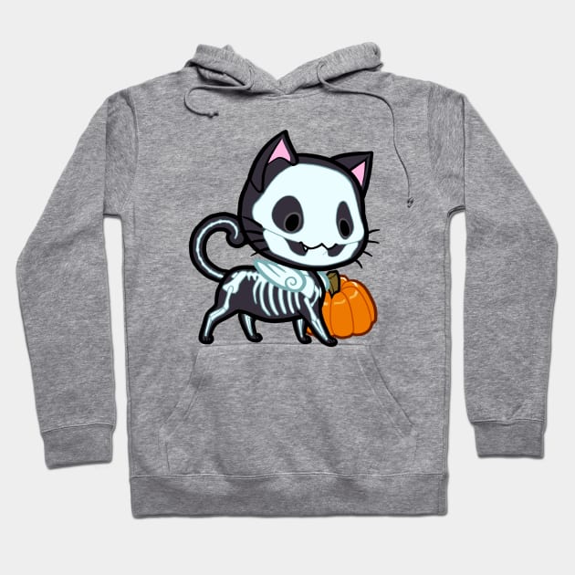 Halloween Chibi Winged Kitty - Black Skeleton Cat Hoodie by theghostfire